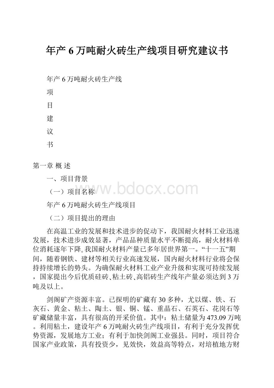 年产6万吨耐火砖生产线项目研究建议书.docx_第1页