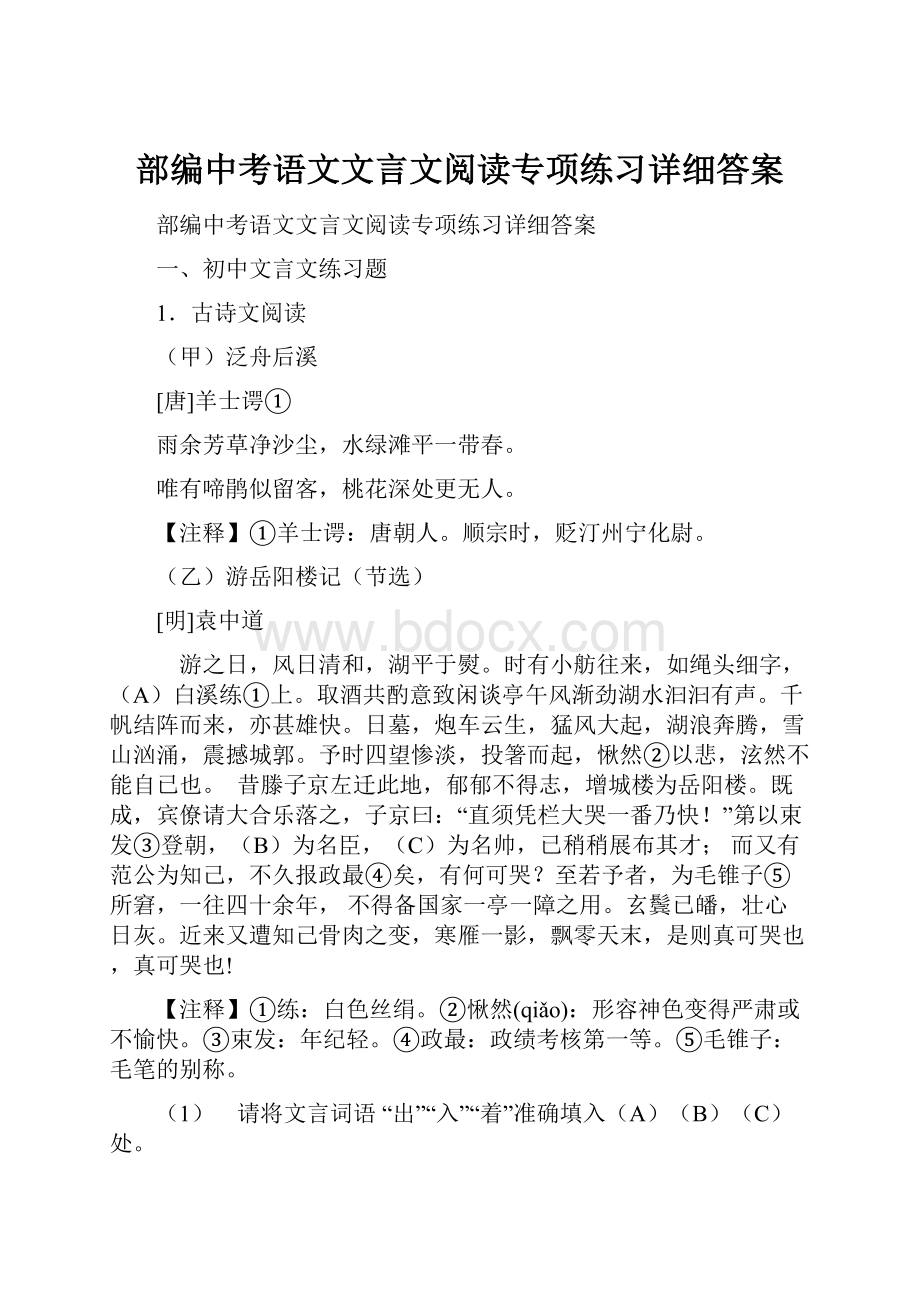 部编中考语文文言文阅读专项练习详细答案.docx