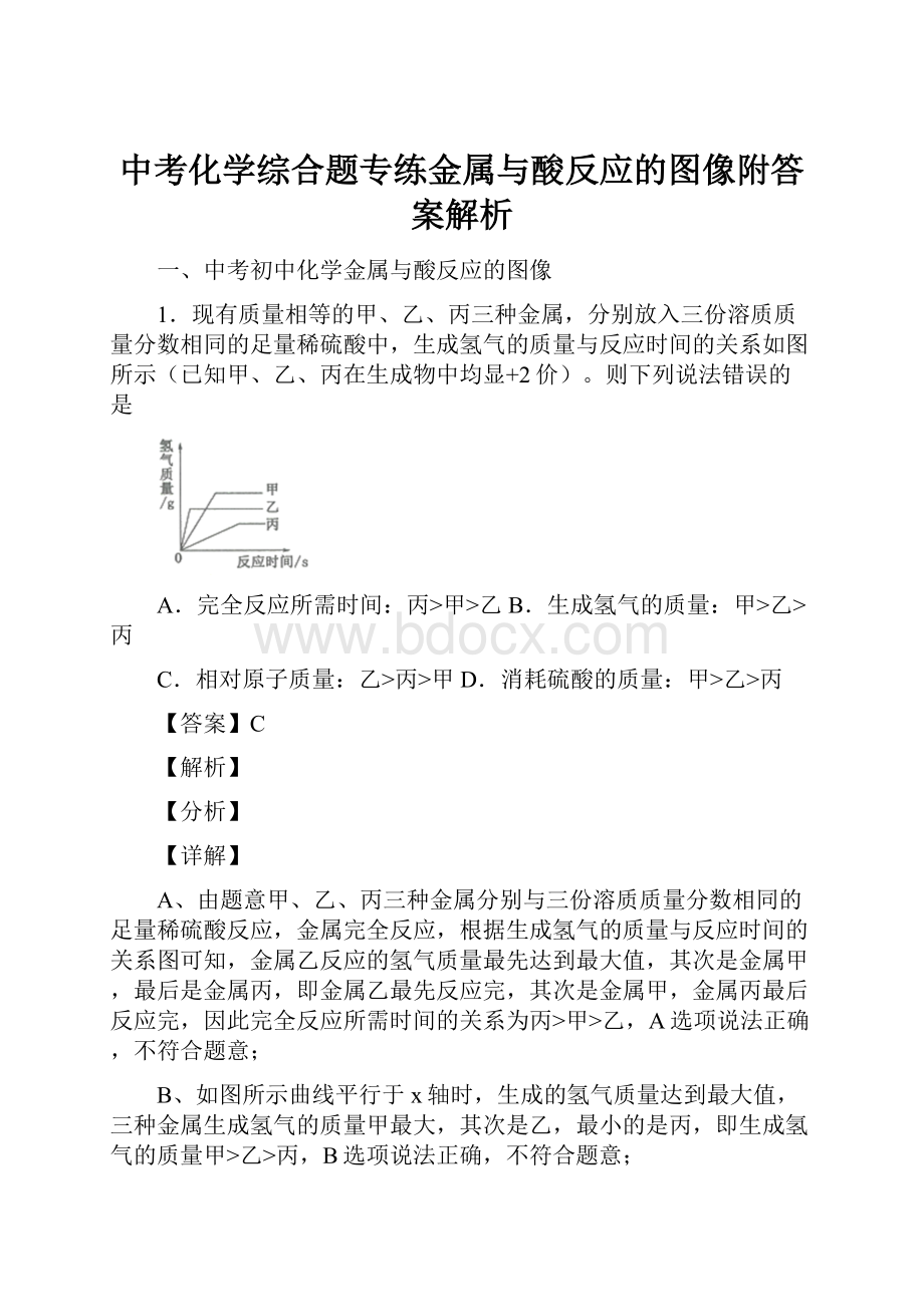 中考化学综合题专练金属与酸反应的图像附答案解析.docx_第1页