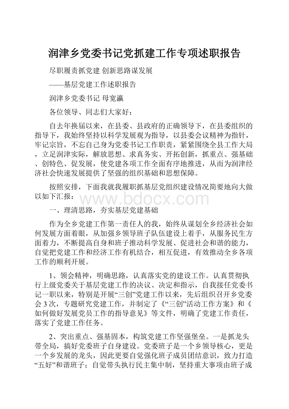 润津乡党委书记党抓建工作专项述职报告.docx