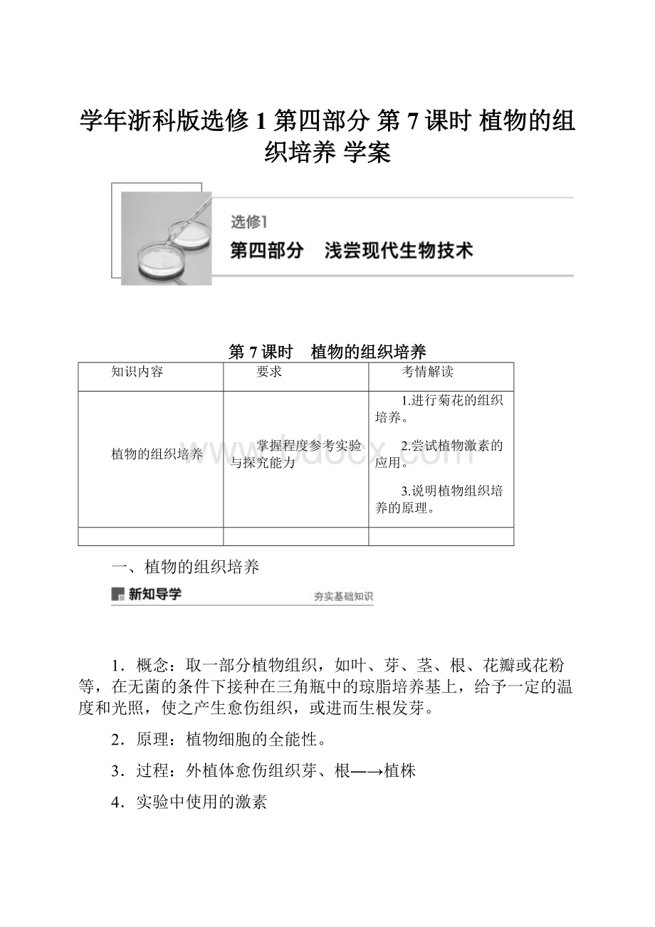 学年浙科版选修1 第四部分第7课时 植物的组织培养 学案.docx