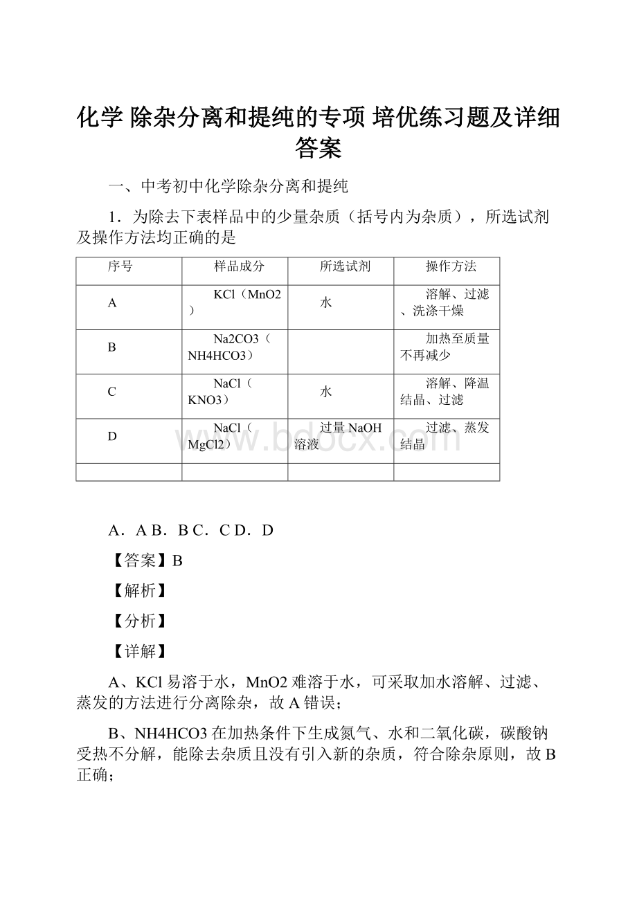 化学 除杂分离和提纯的专项 培优练习题及详细答案.docx