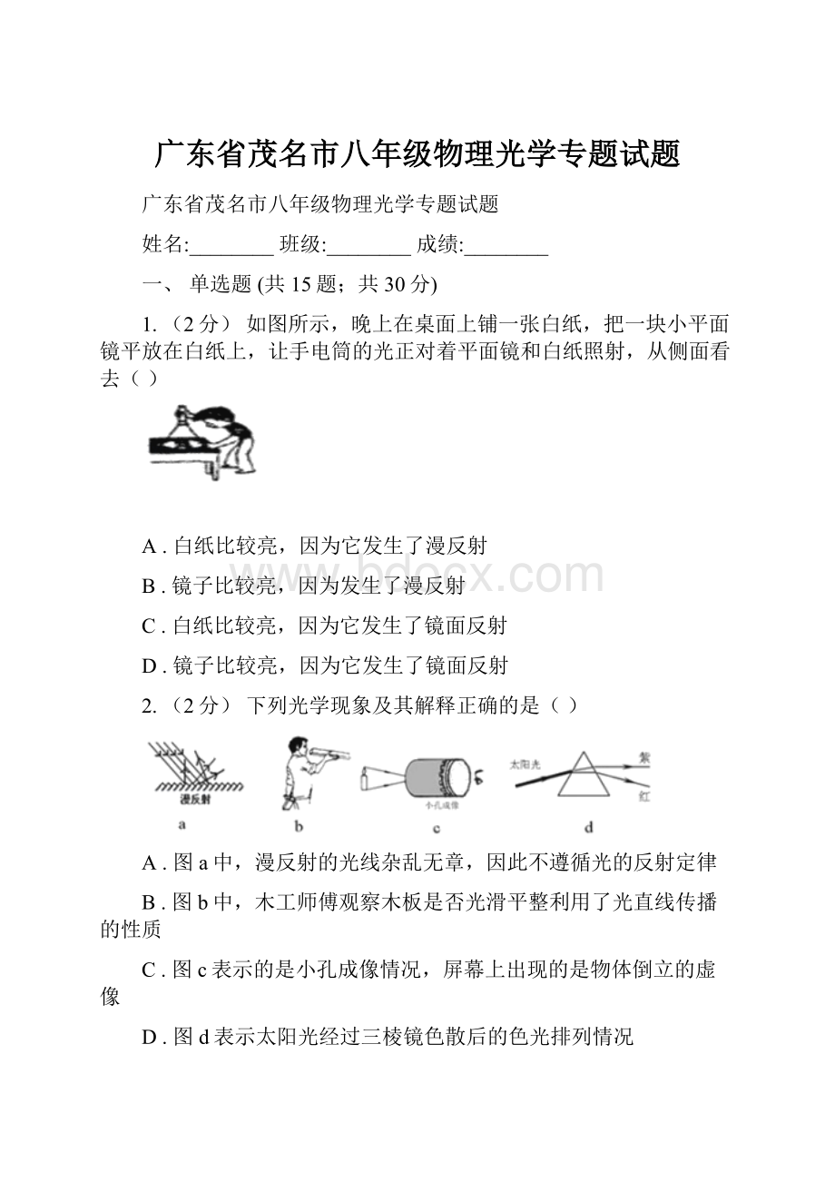 广东省茂名市八年级物理光学专题试题.docx