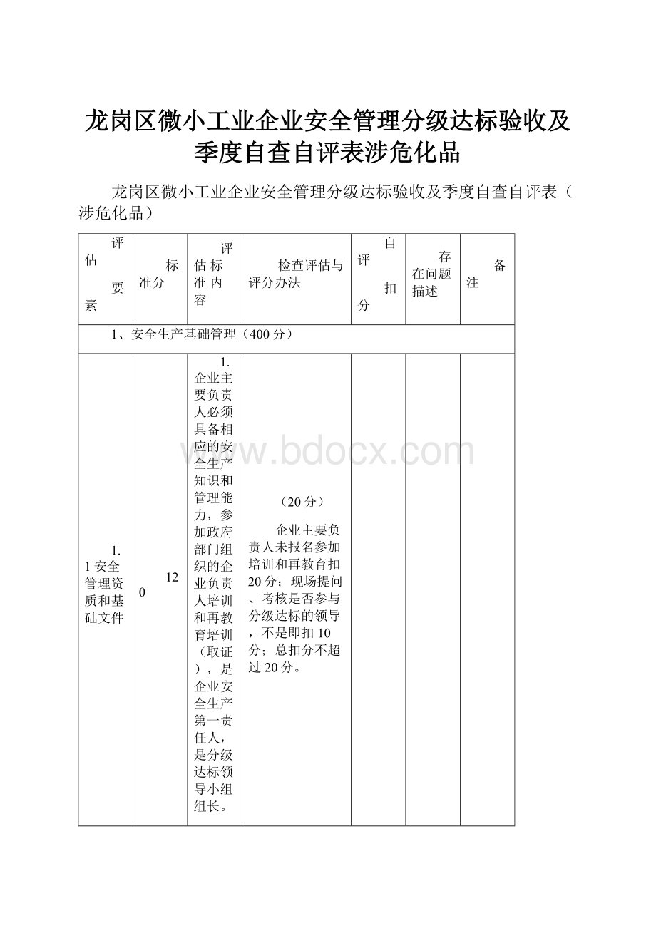 龙岗区微小工业企业安全管理分级达标验收及季度自查自评表涉危化品.docx_第1页