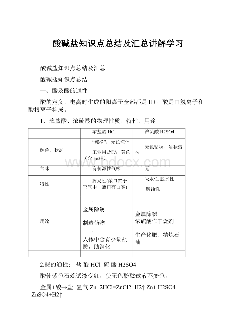 酸碱盐知识点总结及汇总讲解学习.docx