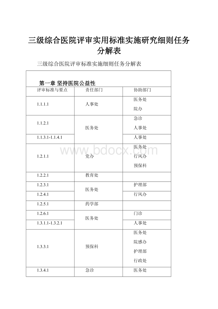 三级综合医院评审实用标准实施研究细则任务分解表.docx