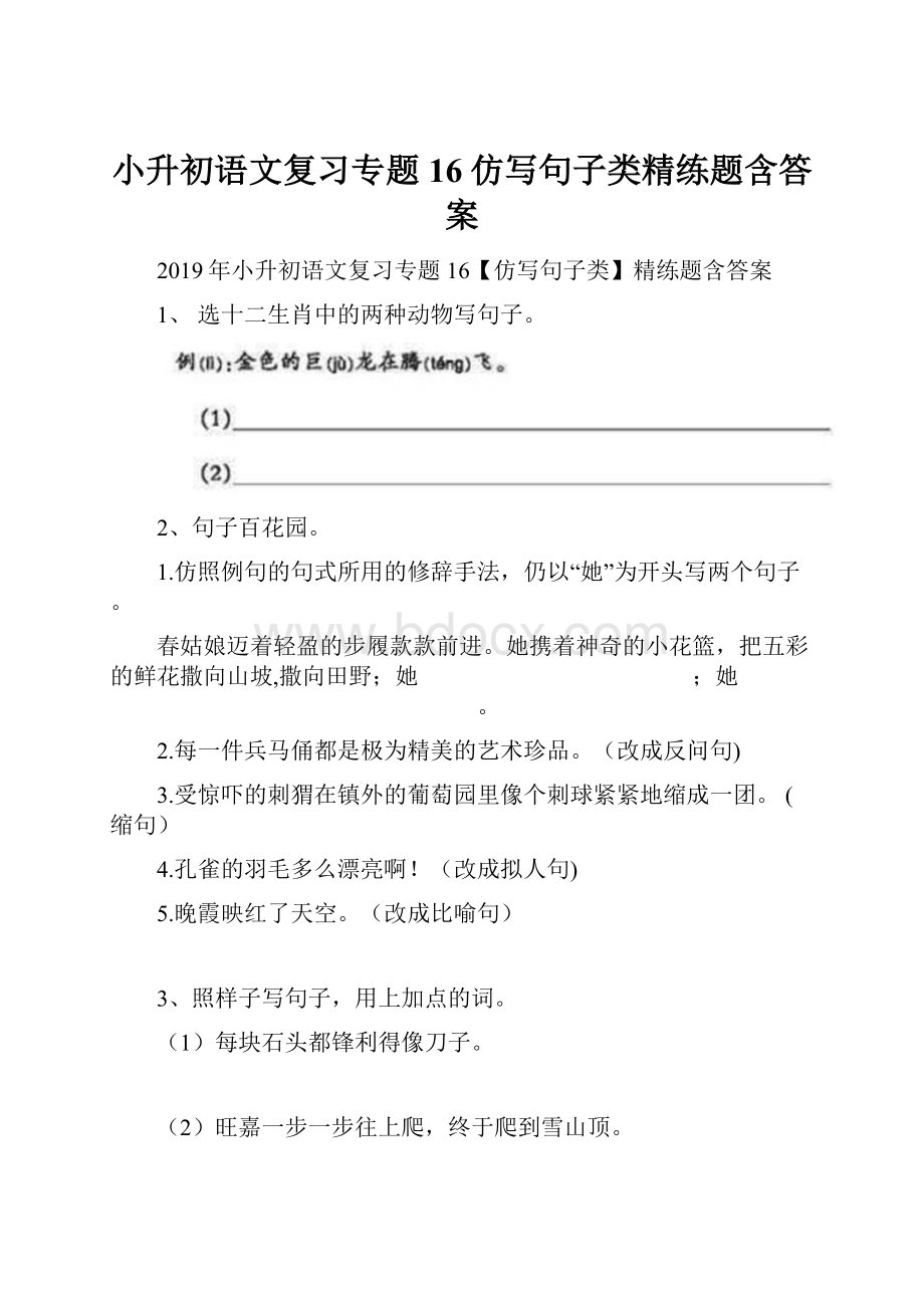 小升初语文复习专题16仿写句子类精练题含答案.docx