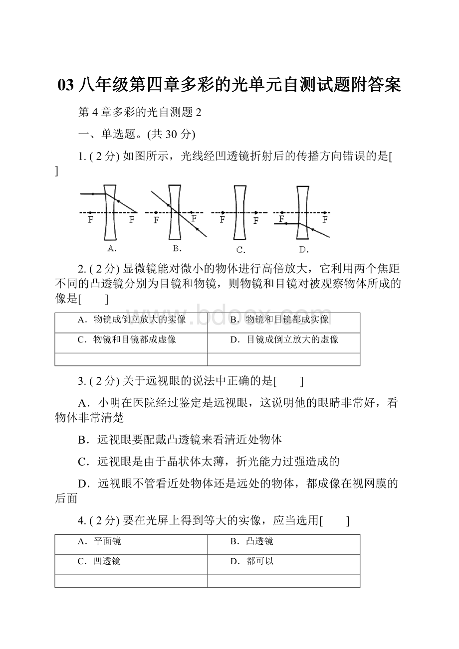 03八年级第四章多彩的光单元自测试题附答案.docx