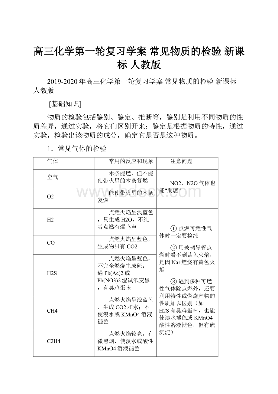 高三化学第一轮复习学案 常见物质的检验 新课标 人教版.docx