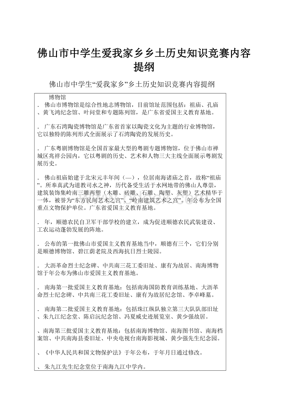 佛山市中学生爱我家乡乡土历史知识竞赛内容提纲.docx