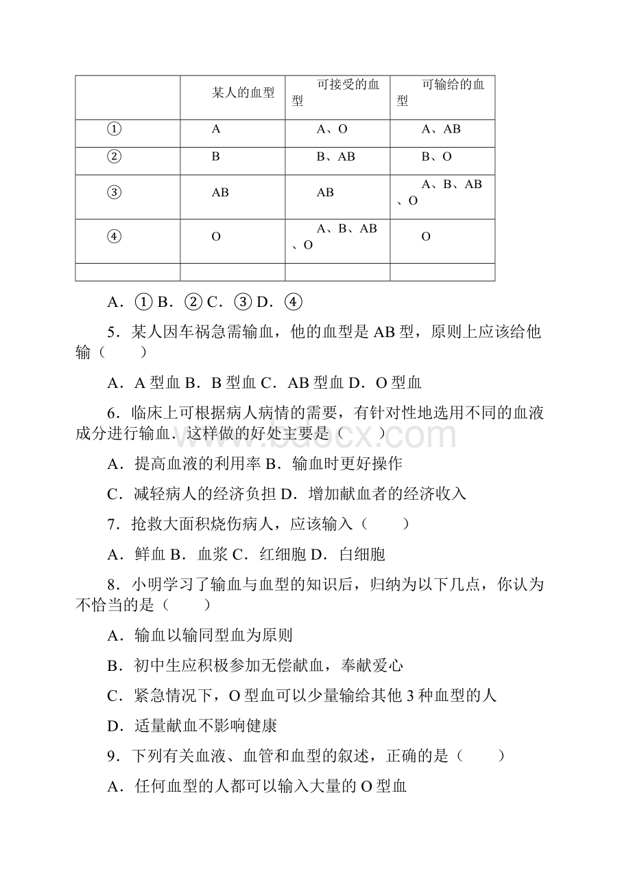 七年级生物下册第四单元第四章第四节输血和血型提升题新版新人教版.docx_第2页