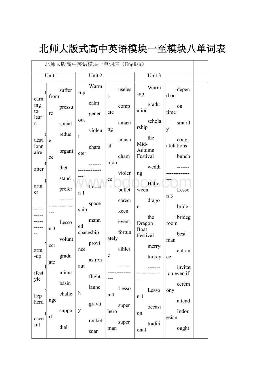 北师大版式高中英语模块一至模块八单词表.docx