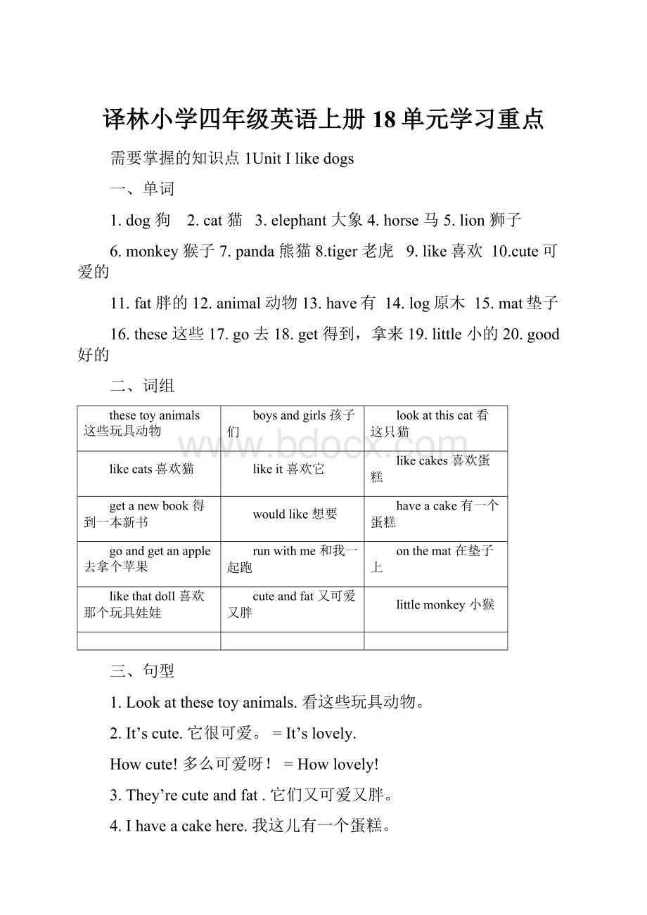 译林小学四年级英语上册18单元学习重点.docx_第1页