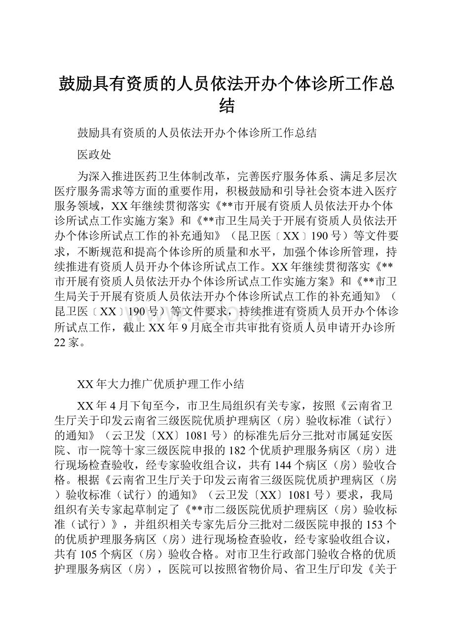 鼓励具有资质的人员依法开办个体诊所工作总结.docx_第1页