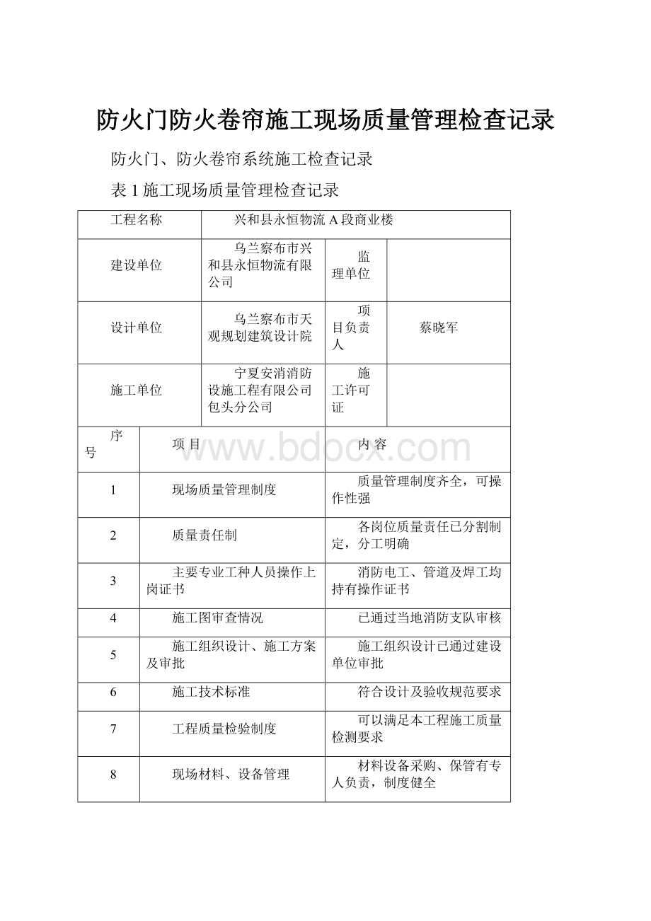 防火门防火卷帘施工现场质量管理检查记录.docx