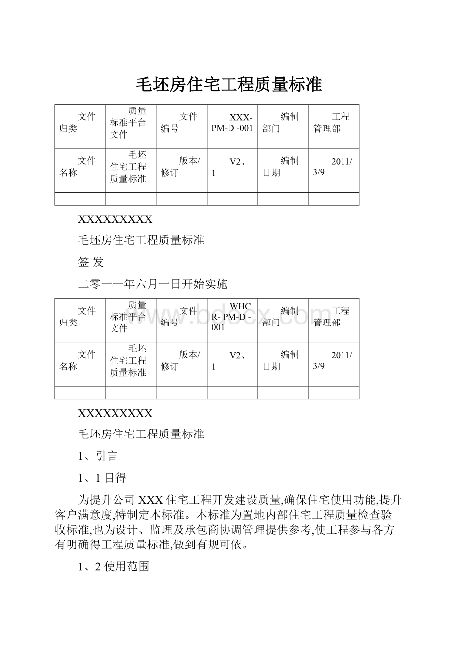 毛坯房住宅工程质量标准.docx_第1页