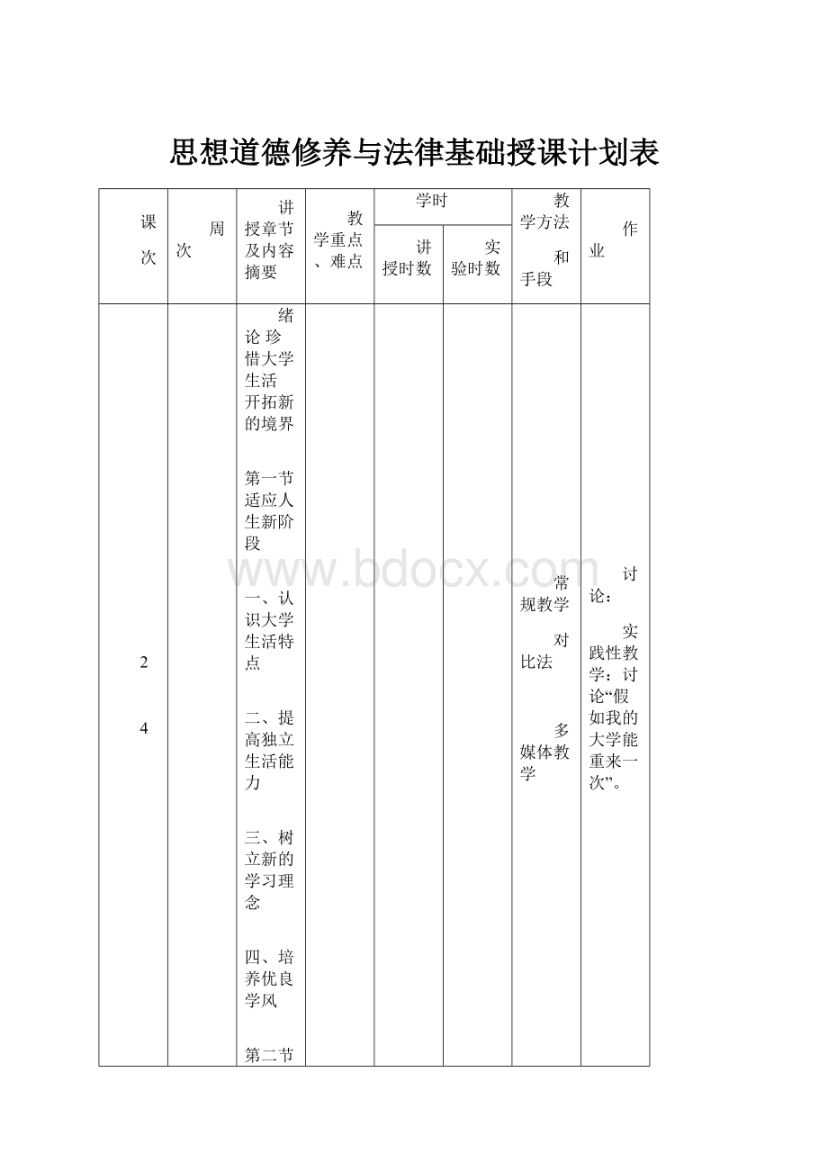 思想道德修养与法律基础授课计划表.docx