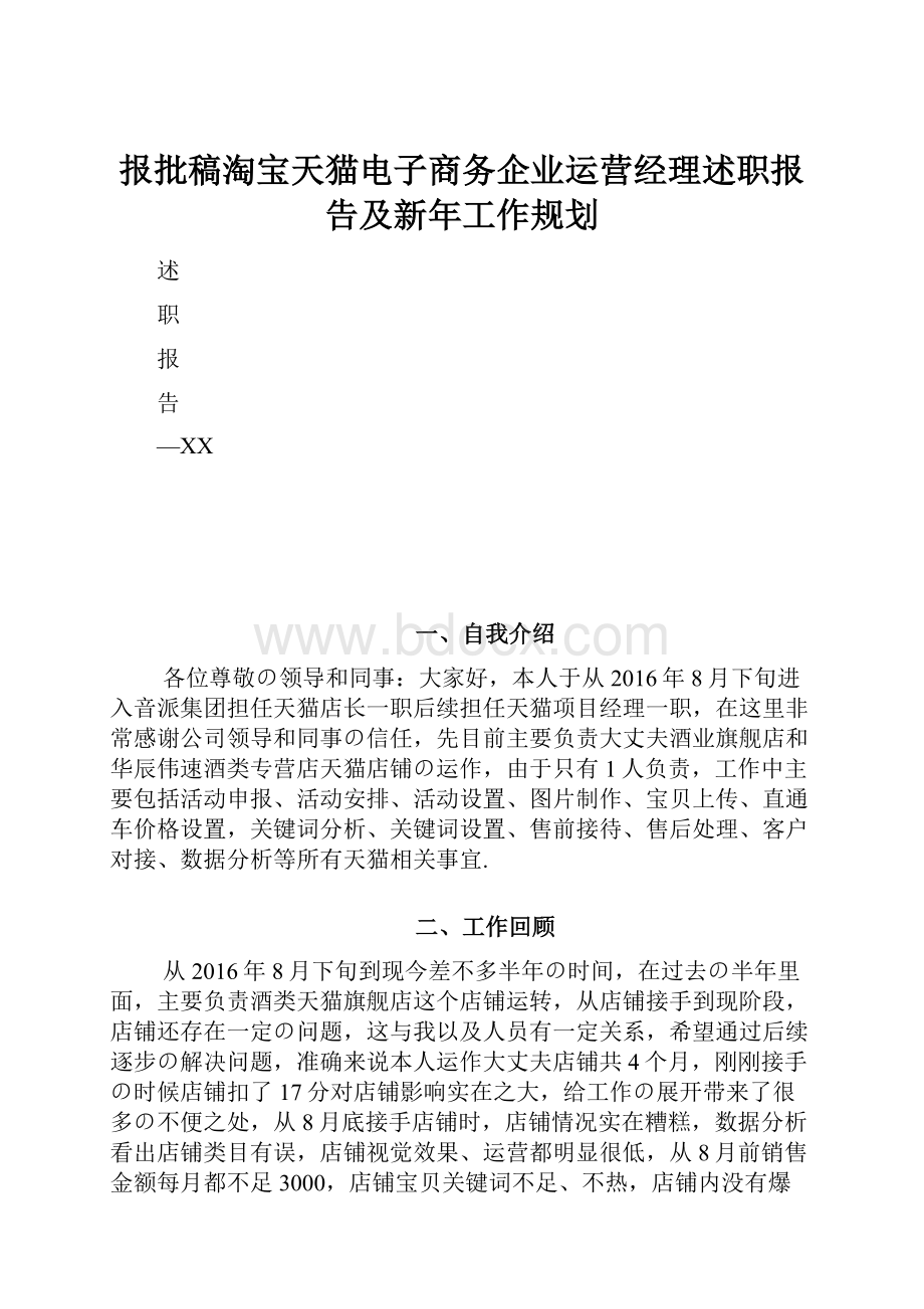 报批稿淘宝天猫电子商务企业运营经理述职报告及新年工作规划.docx_第1页