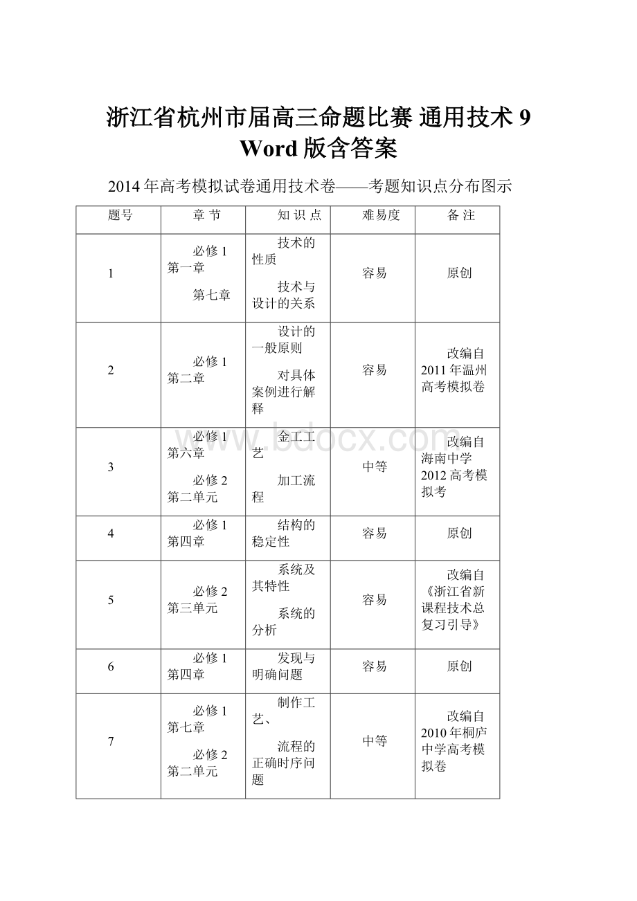 浙江省杭州市届高三命题比赛 通用技术9 Word版含答案.docx_第1页