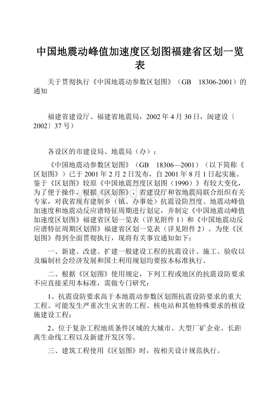 中国地震动峰值加速度区划图福建省区划一览表.docx_第1页