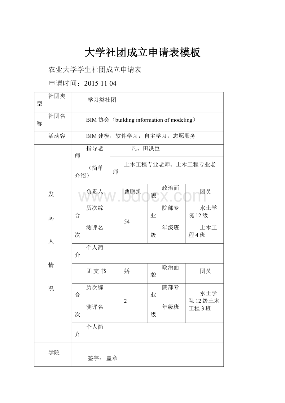 大学社团成立申请表模板.docx