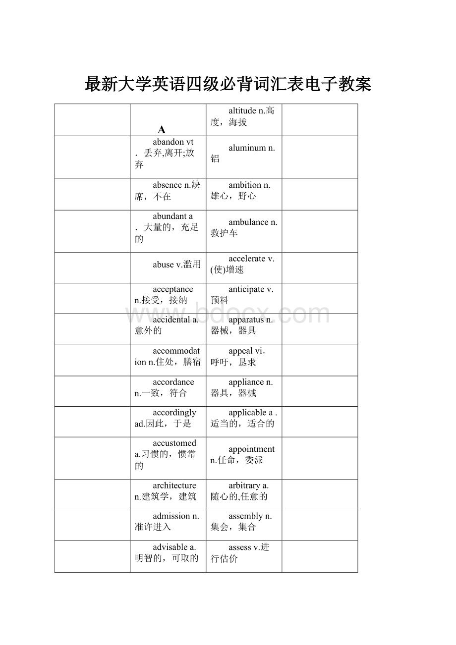 最新大学英语四级必背词汇表电子教案.docx_第1页