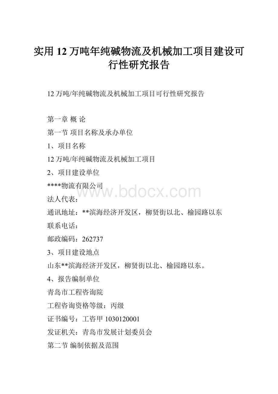 实用12万吨年纯碱物流及机械加工项目建设可行性研究报告.docx_第1页