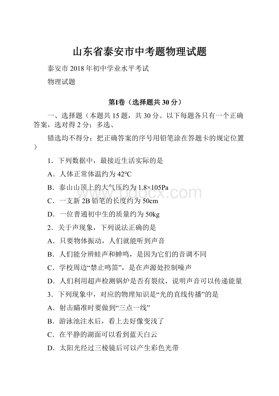 山东省泰安市中考题物理试题.docx