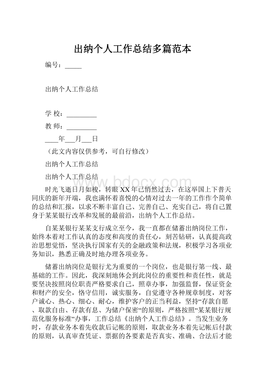 出纳个人工作总结多篇范本.docx