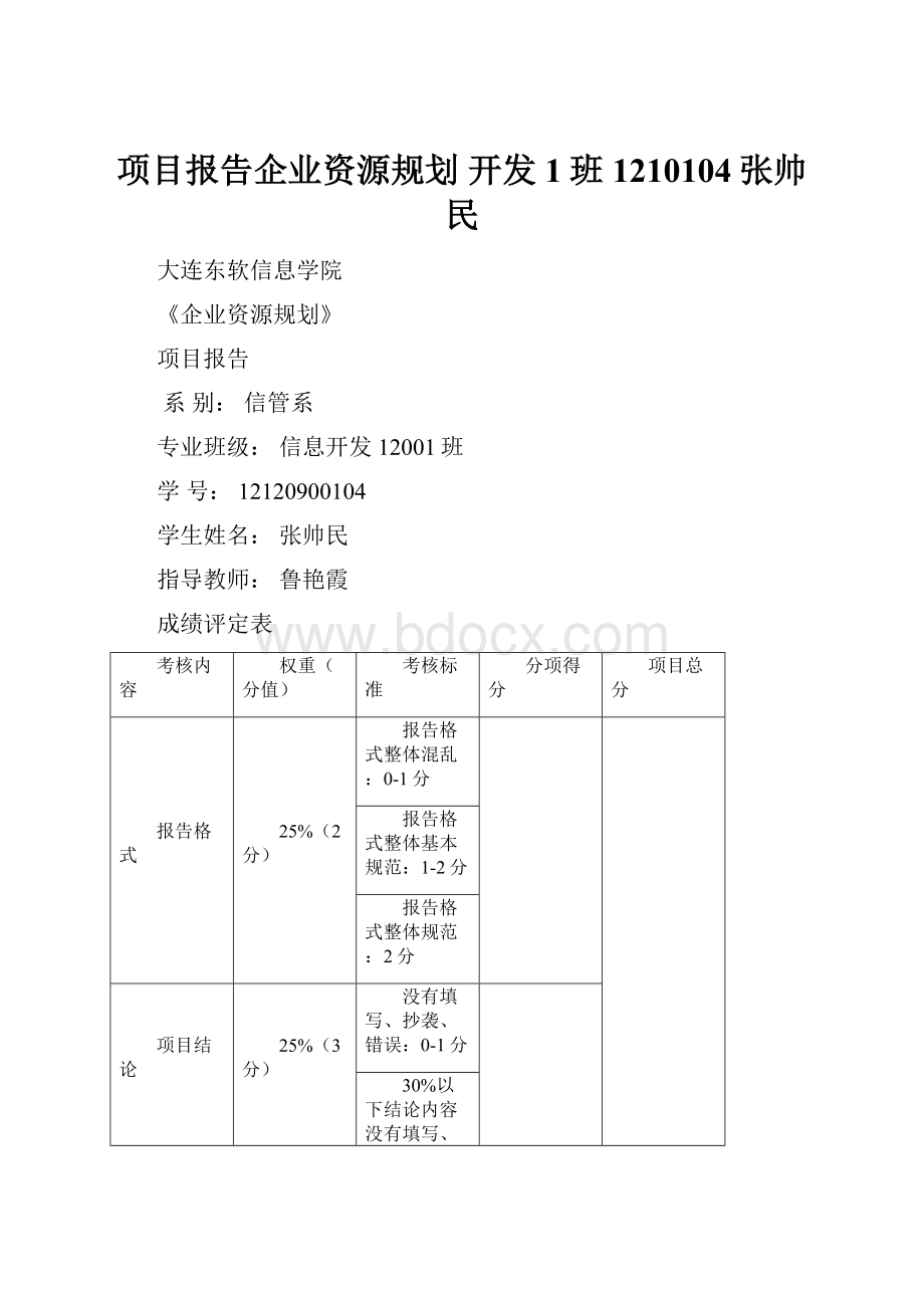 项目报告企业资源规划 开发1班1210104张帅民.docx_第1页