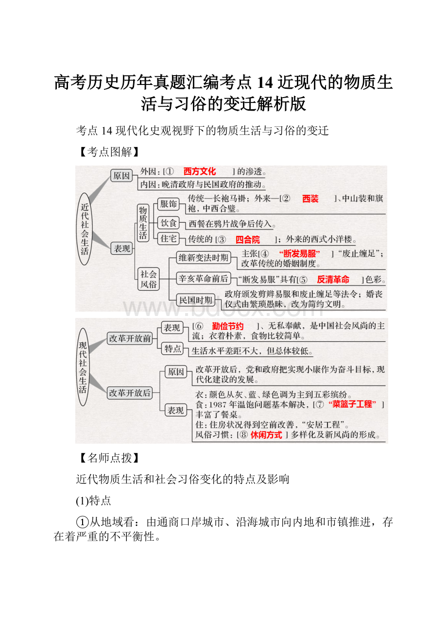 高考历史历年真题汇编考点14 近现代的物质生活与习俗的变迁解析版.docx