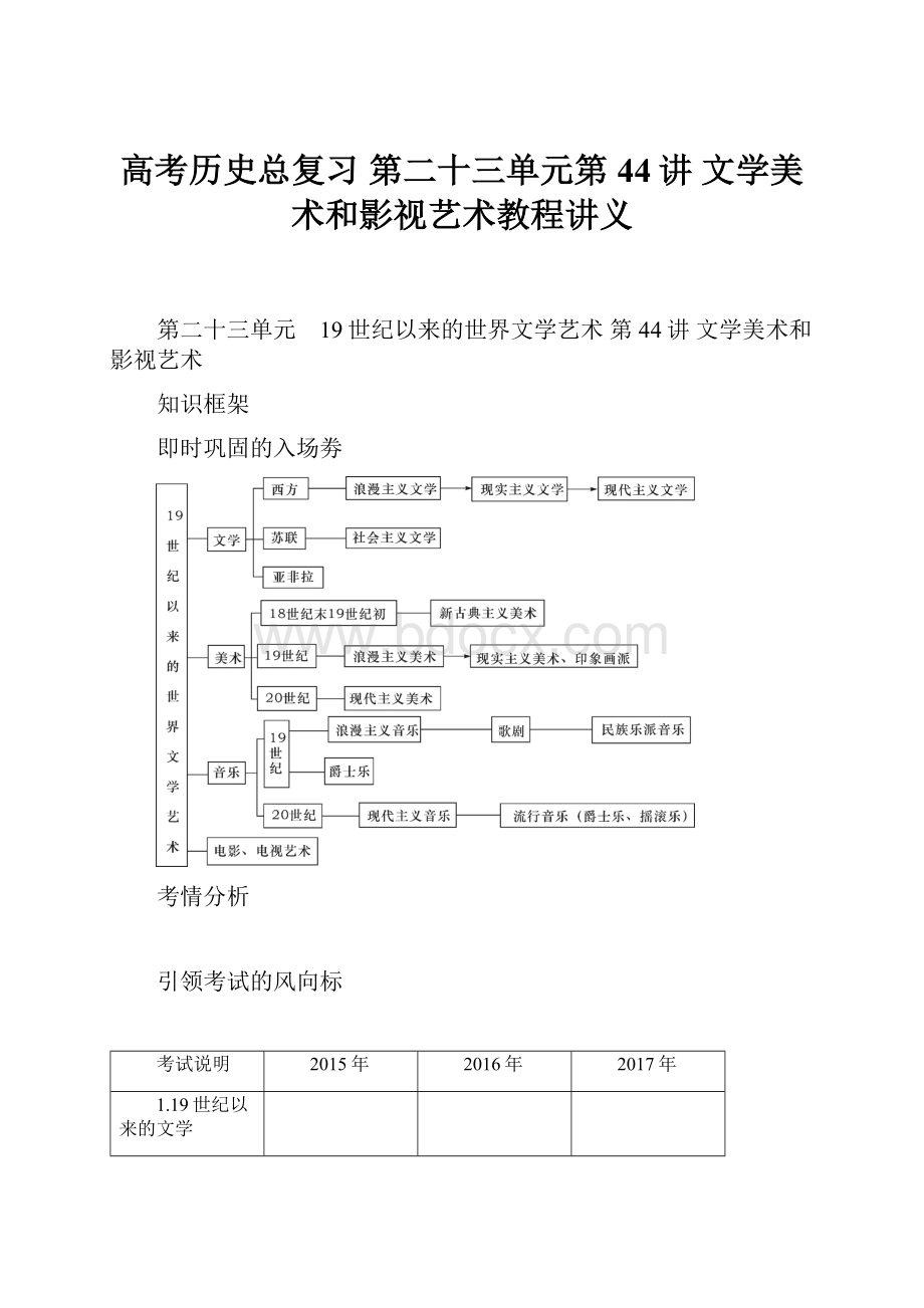 高考历史总复习 第二十三单元第44讲 文学美术和影视艺术教程讲义.docx