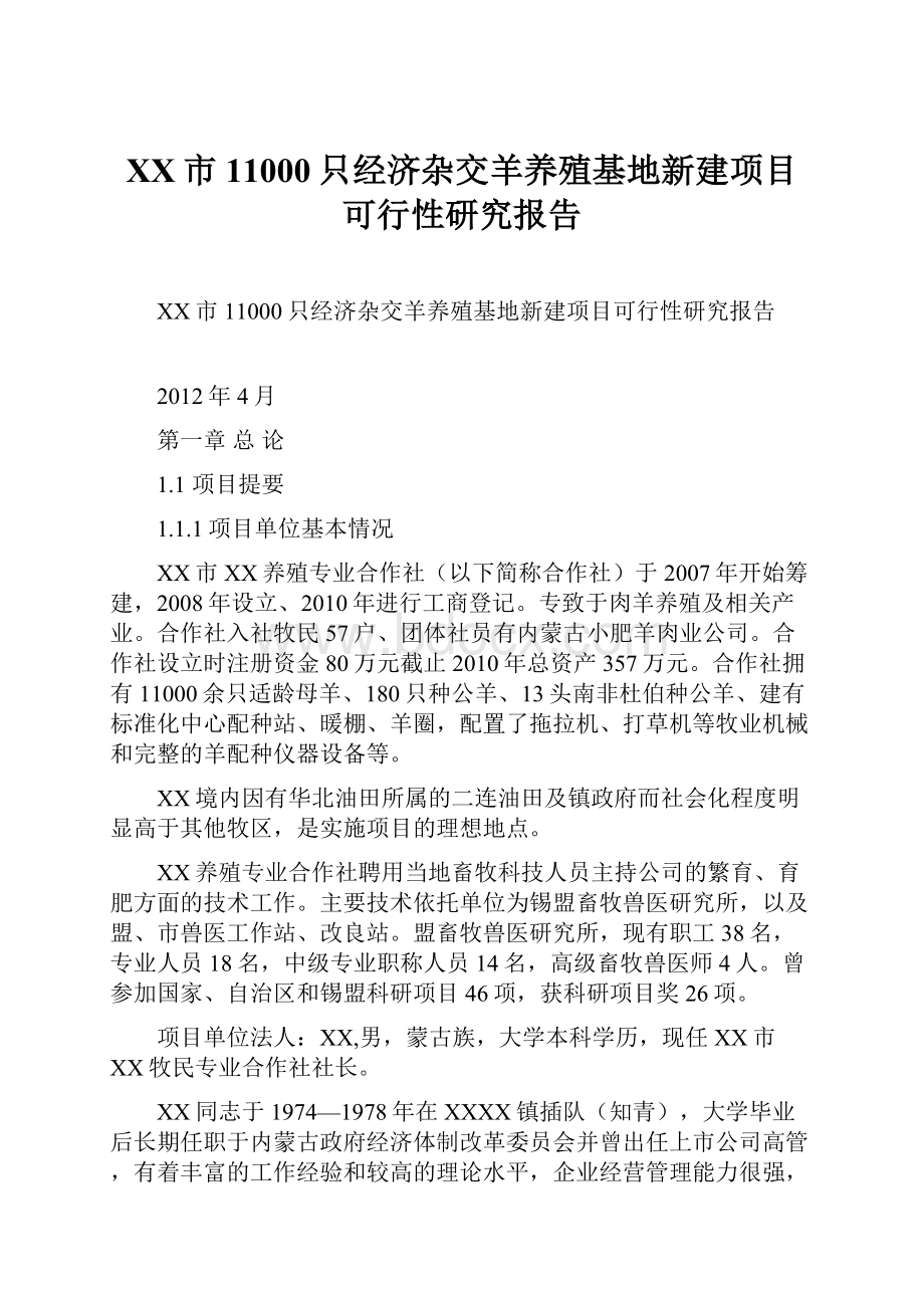 XX市11000只经济杂交羊养殖基地新建项目可行性研究报告.docx_第1页