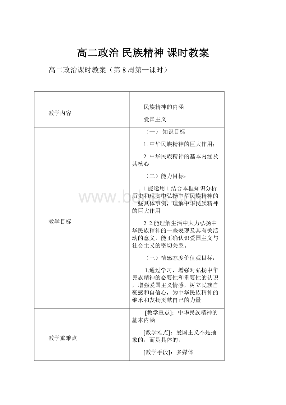 高二政治 民族精神 课时教案.docx_第1页