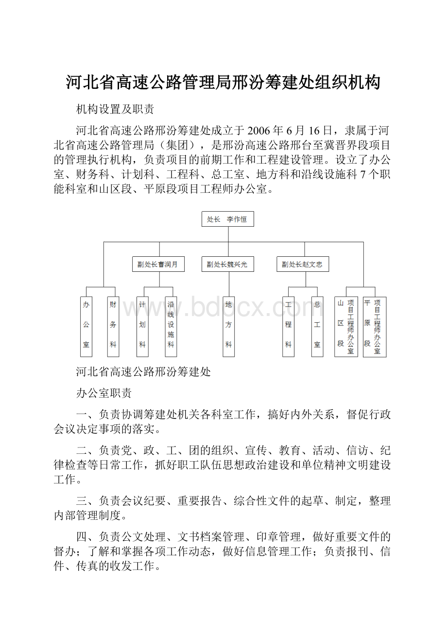 河北省高速公路管理局邢汾筹建处组织机构.docx_第1页