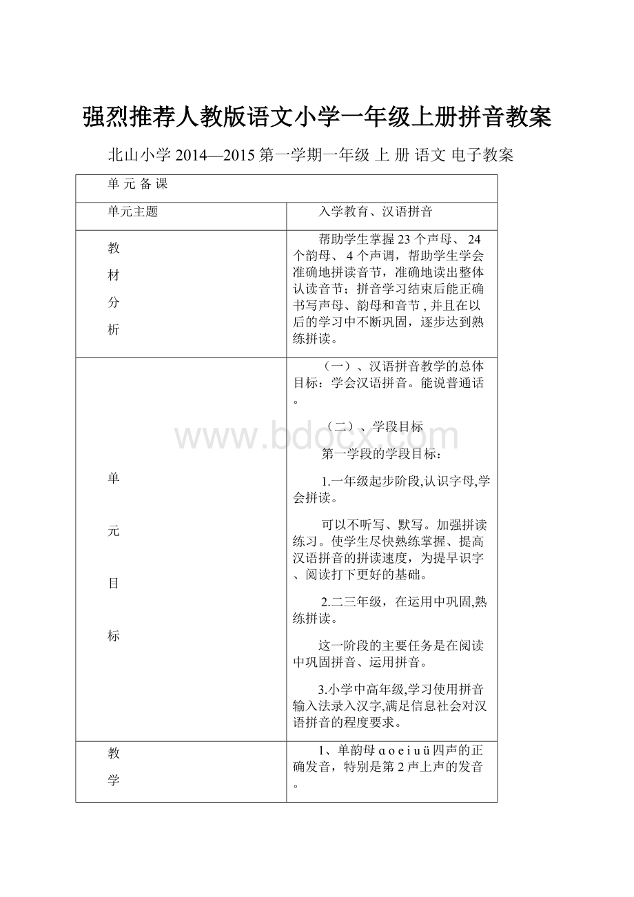 强烈推荐人教版语文小学一年级上册拼音教案.docx