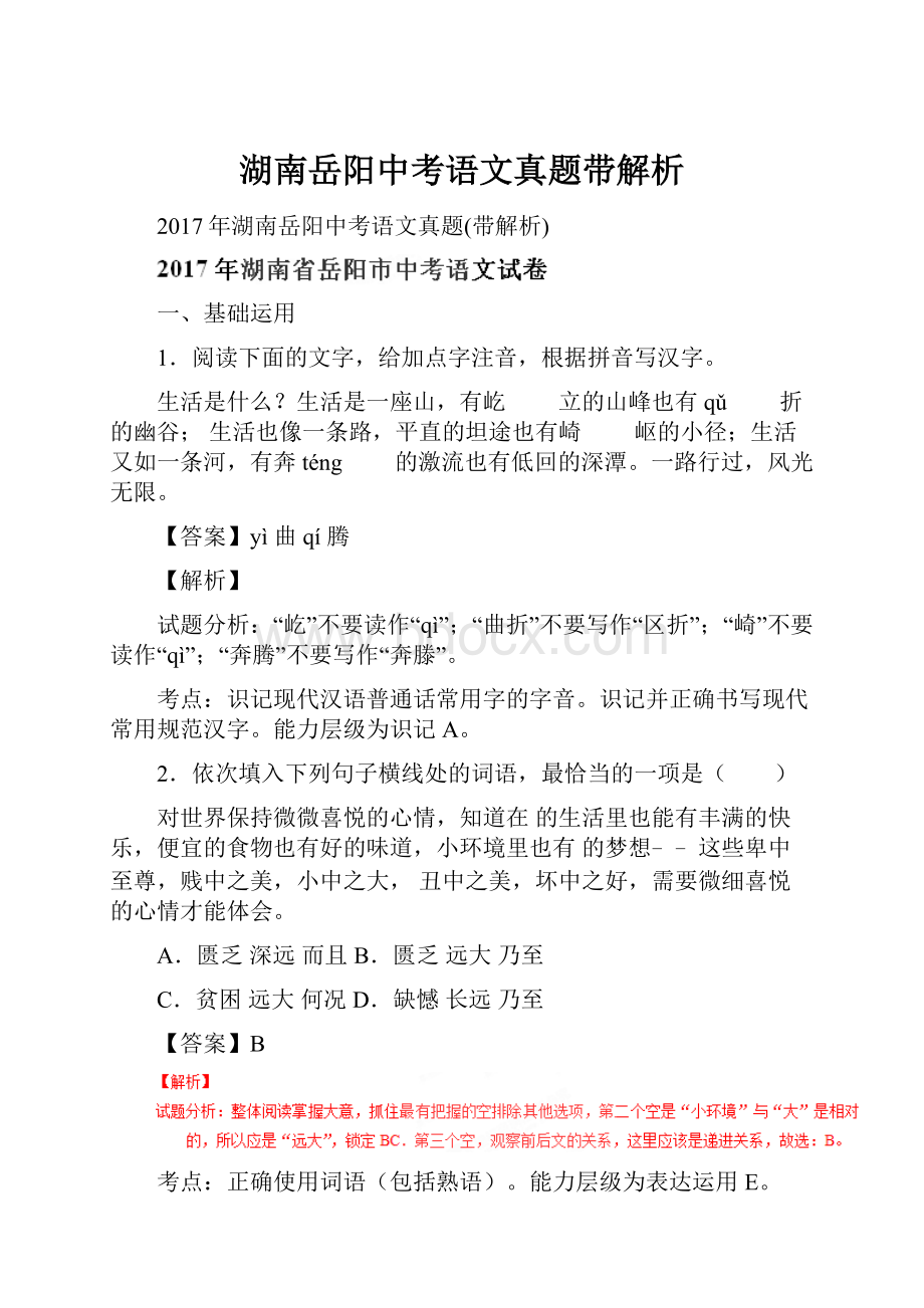 湖南岳阳中考语文真题带解析.docx_第1页