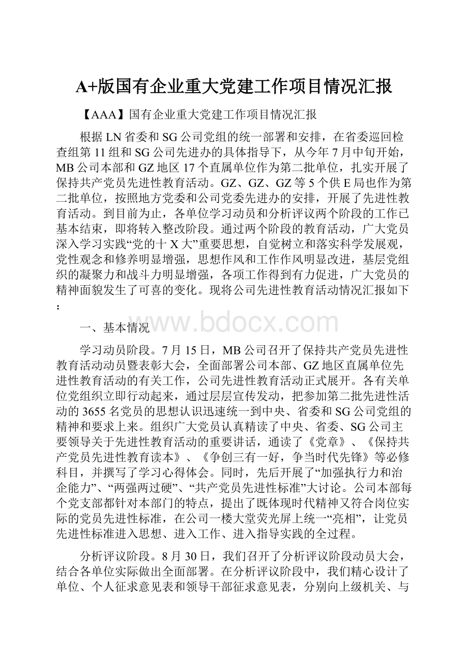 A+版国有企业重大党建工作项目情况汇报.docx_第1页