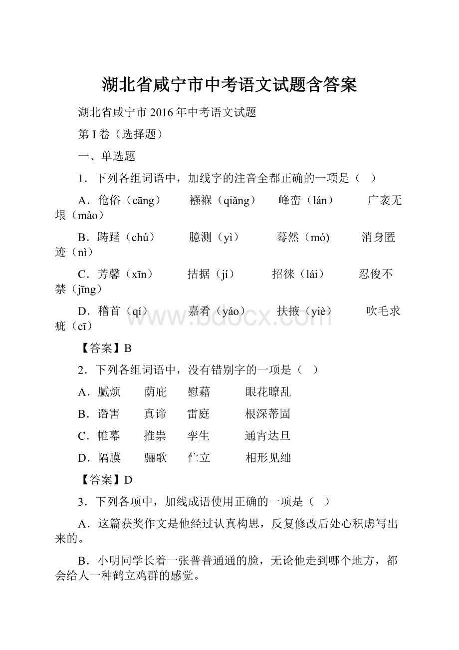 湖北省咸宁市中考语文试题含答案.docx