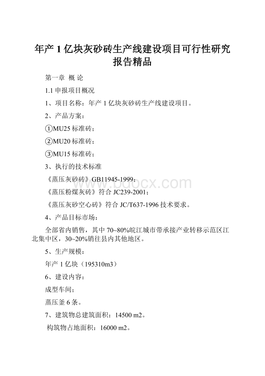 年产1亿块灰砂砖生产线建设项目可行性研究报告精品.docx