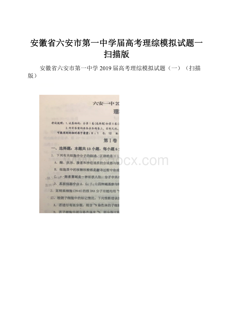 安徽省六安市第一中学届高考理综模拟试题一扫描版.docx_第1页