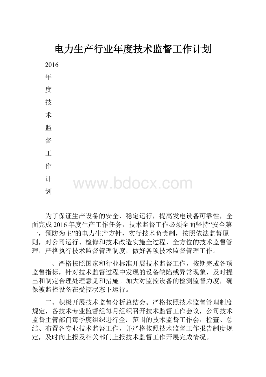 电力生产行业年度技术监督工作计划.docx_第1页