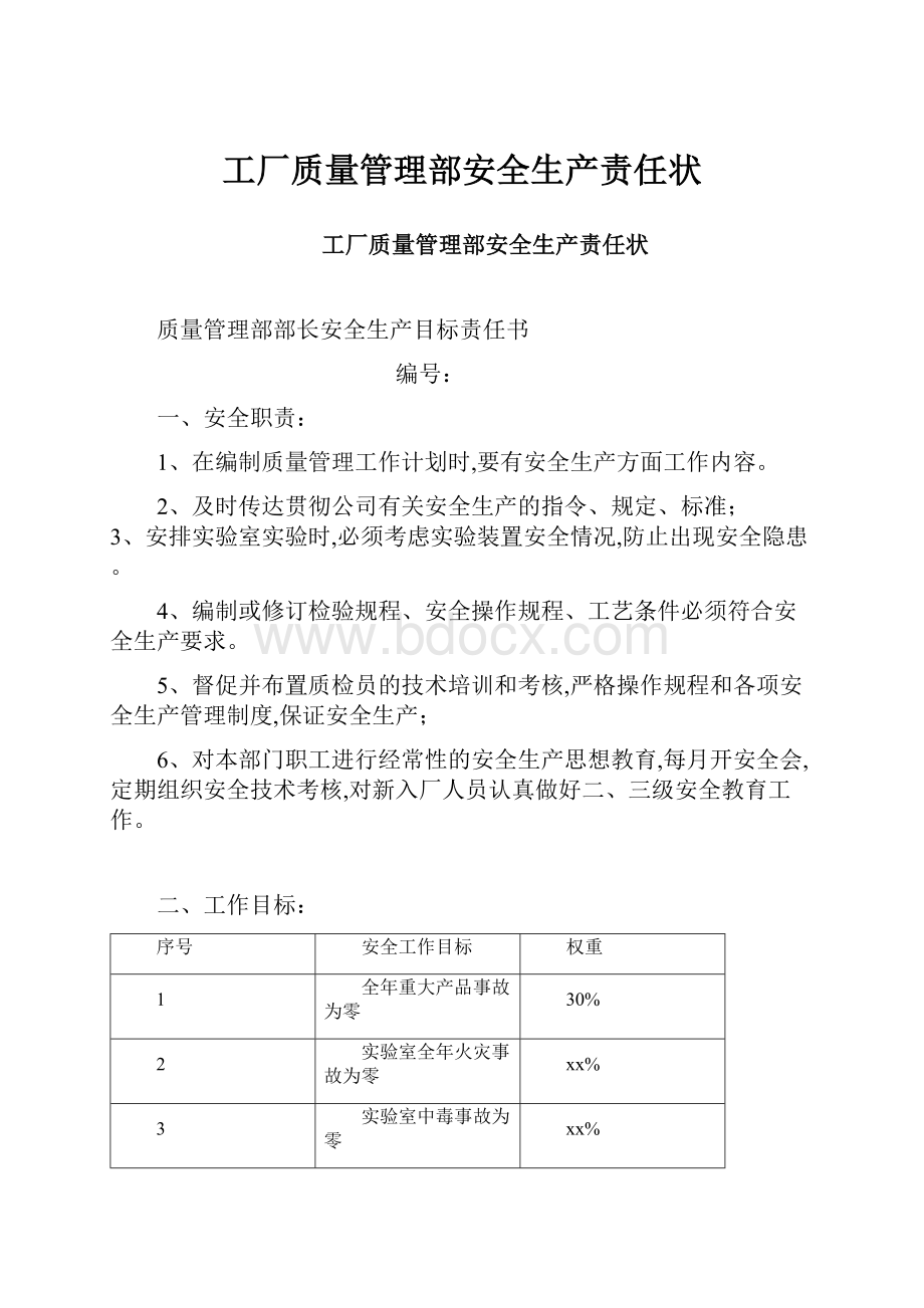 工厂质量管理部安全生产责任状.docx_第1页