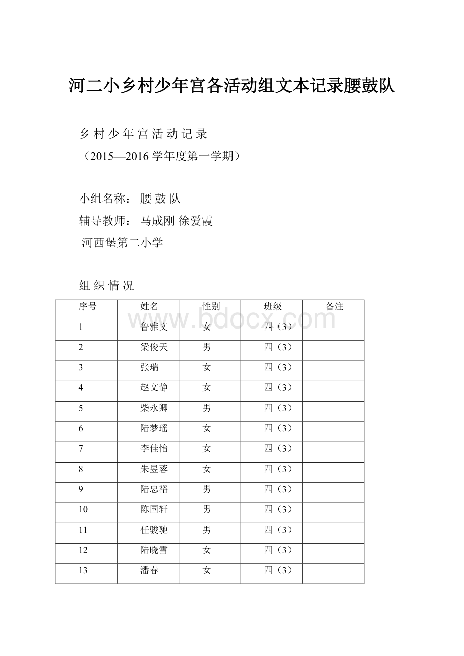 河二小乡村少年宫各活动组文本记录腰鼓队.docx_第1页