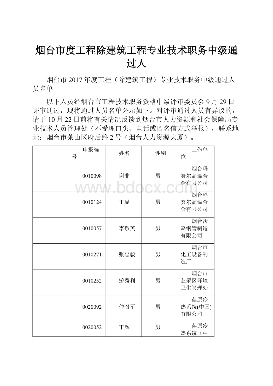 烟台市度工程除建筑工程专业技术职务中级通过人.docx