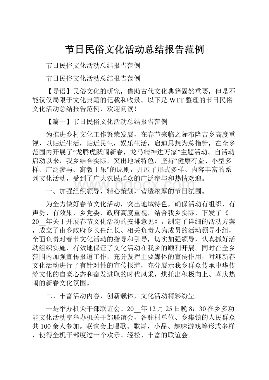 节日民俗文化活动总结报告范例.docx_第1页