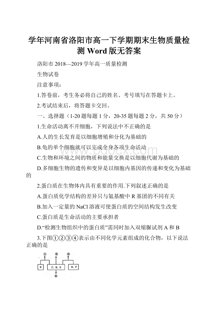 学年河南省洛阳市高一下学期期末生物质量检测 Word版无答案.docx_第1页