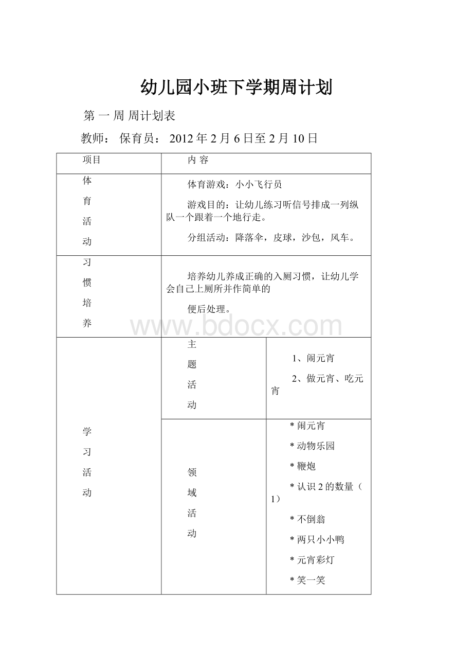 幼儿园小班下学期周计划.docx