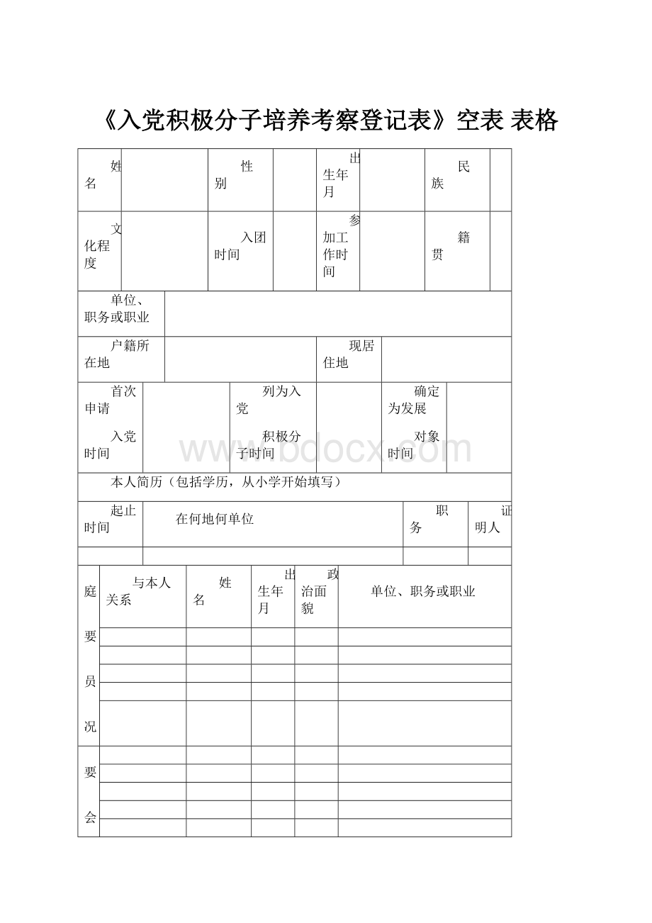 《入党积极分子培养考察登记表》空表 表格.docx_第1页