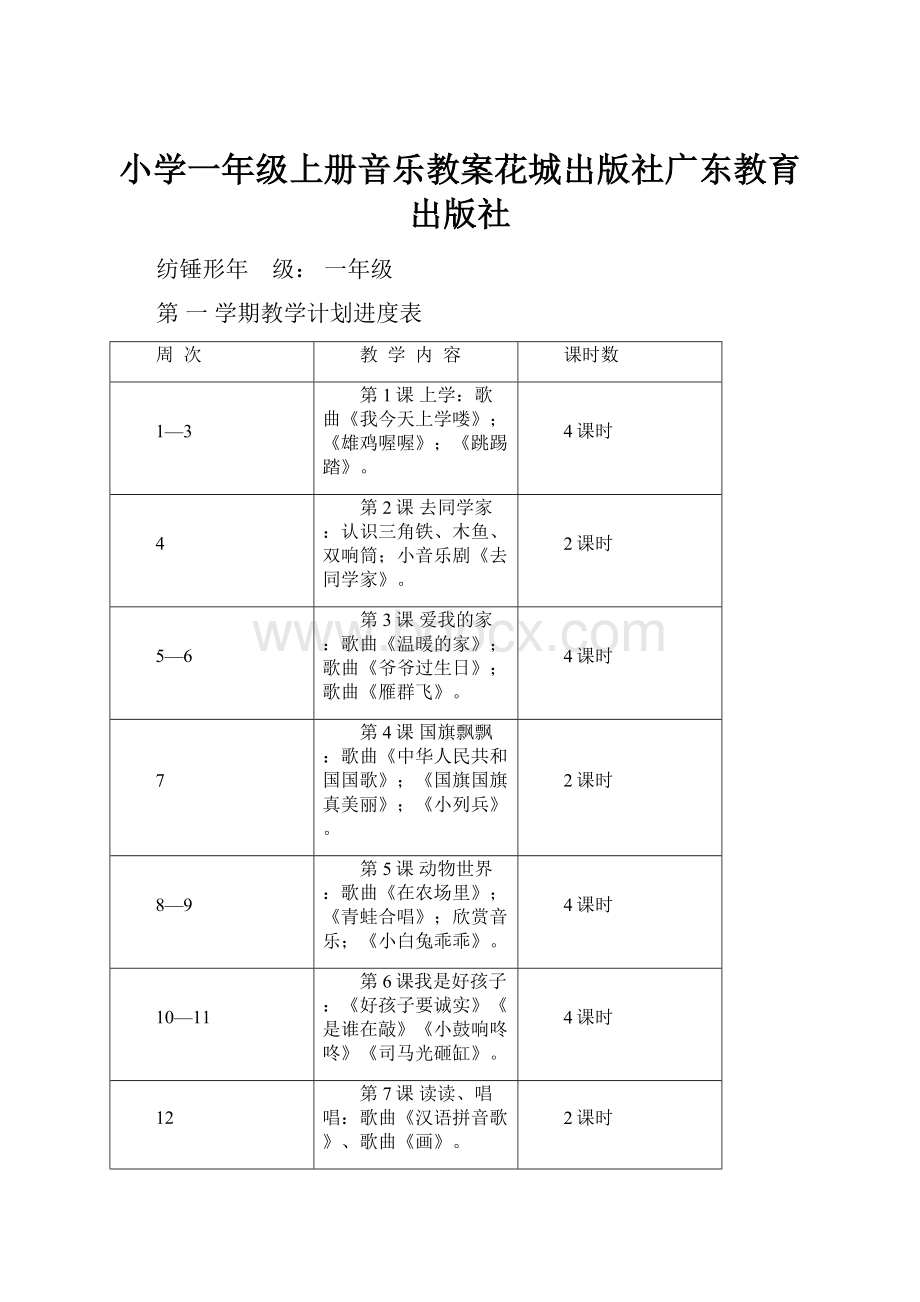 小学一年级上册音乐教案花城出版社广东教育出版社.docx